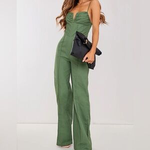 Khaki Woven V Bar Corset Detail Wide Leg Jumpsuit